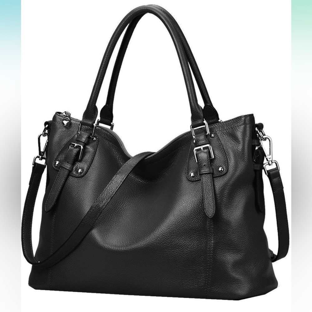 Heshe black genuine leather satchel handbag